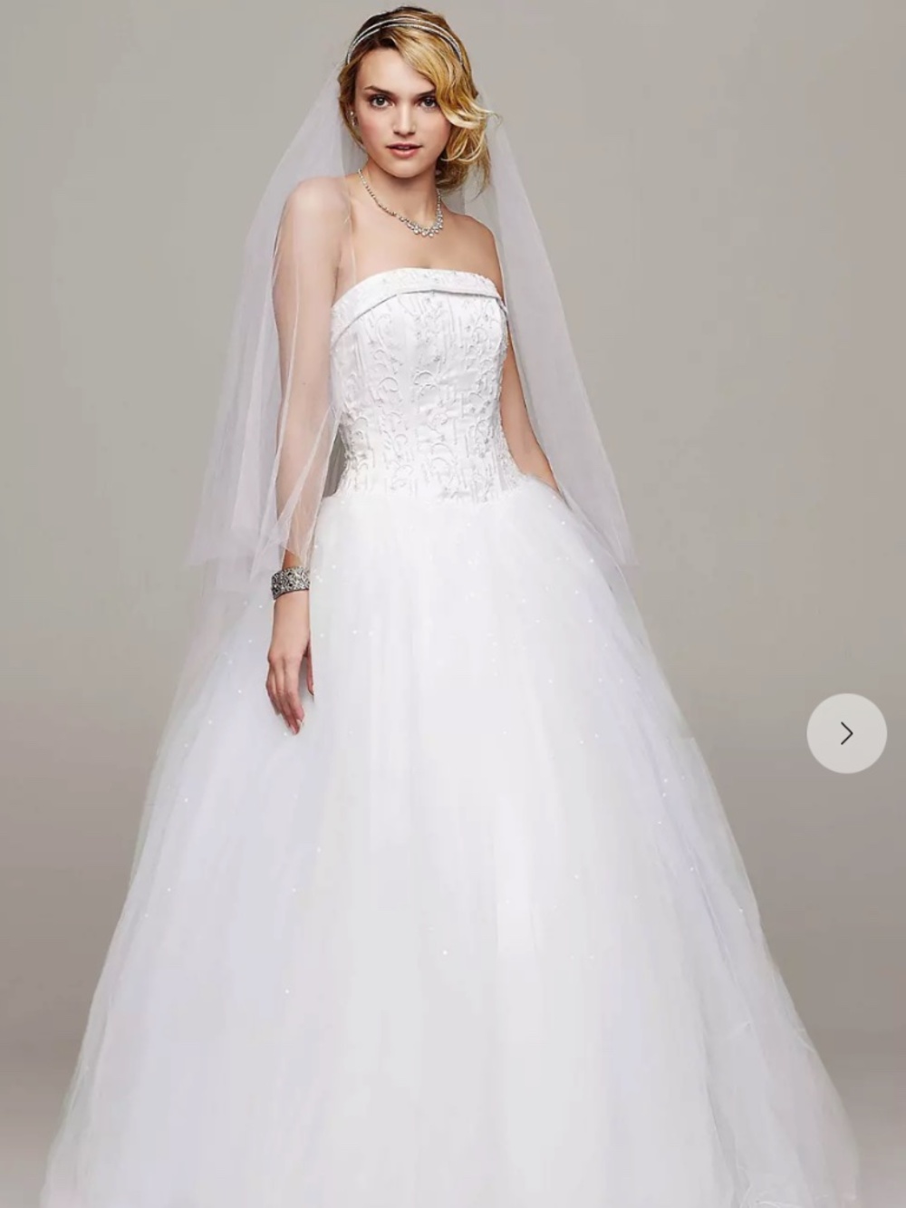 David's Bridal - Strapless Tulle Ball Gown with Beaded Satin Bodice